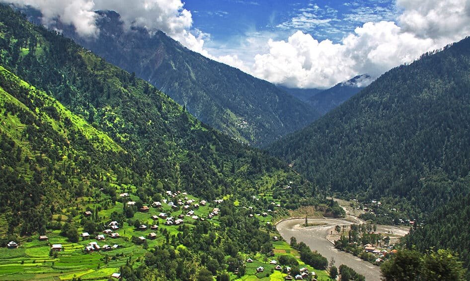 Green valley and river in Strawberry Valley, Kashmir
