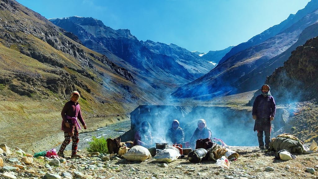 trekkers are camping at lake side in sonmarg, Kashmir