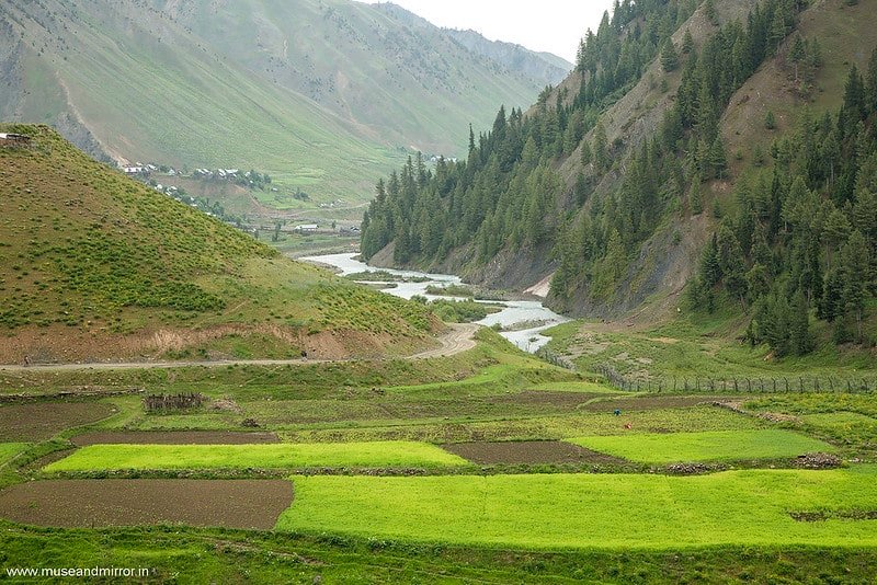 Lush green valley with terraced fields and a river winding through mountains