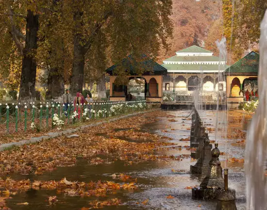 Fountains and fallen leaves in Shalimar Garden in Srinagar during the season of autumn