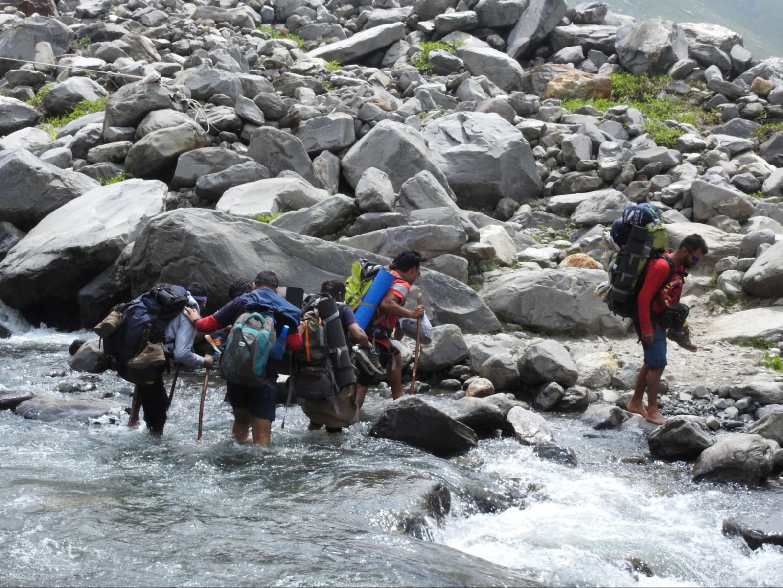 Trekkers crossing the river
