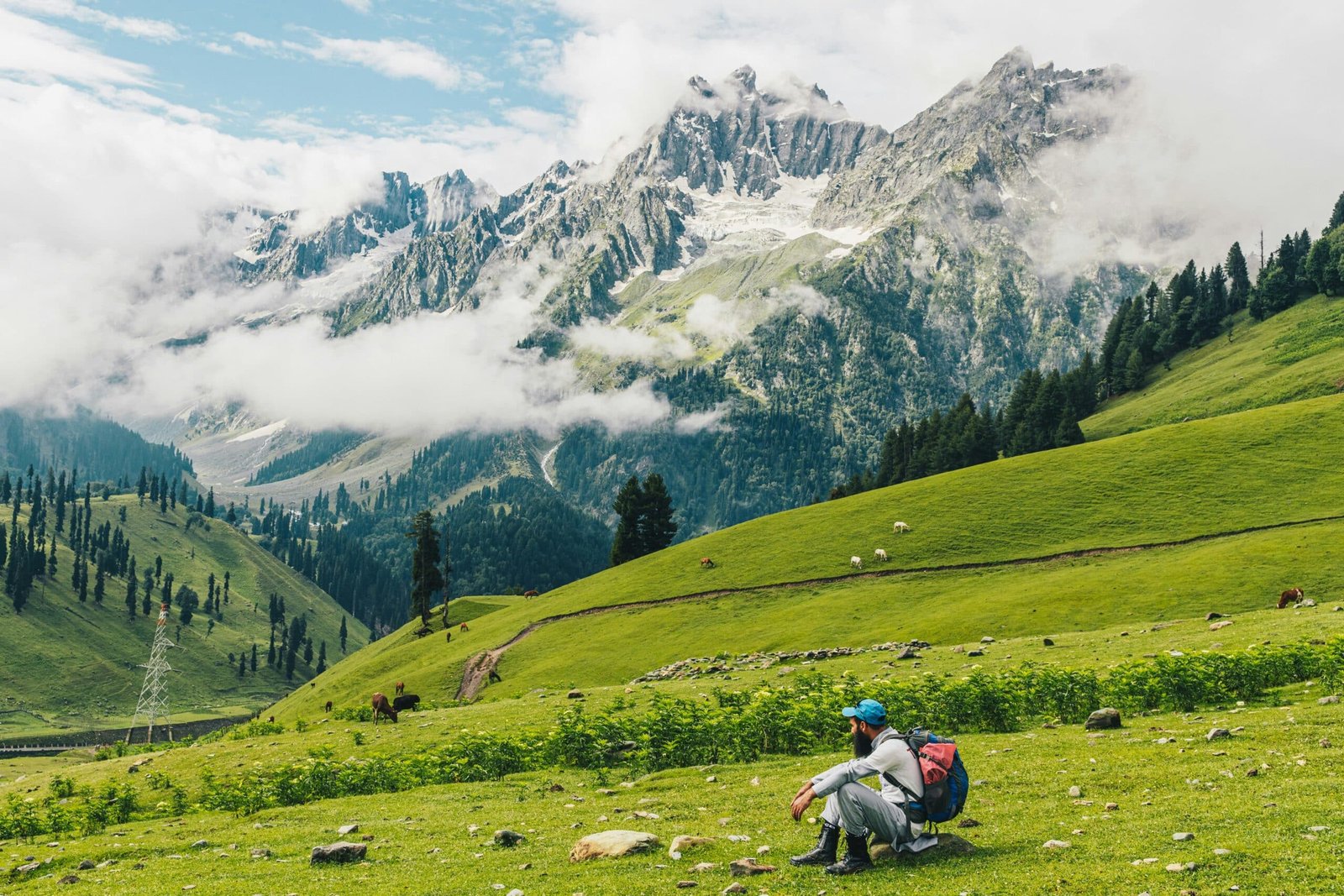 a trekker seating on the meadows of Kashmir in the month of april