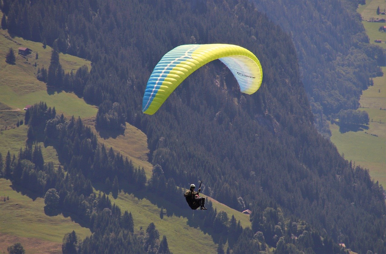 Person paragliding over green hills and forests in Ladakh