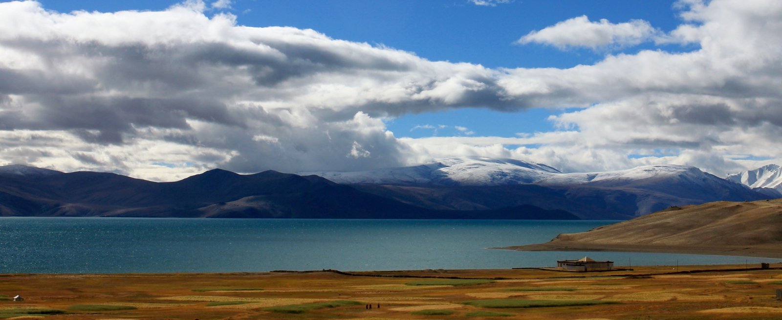 Blue lake with grassy shores and snow-capped mountains under a cloudy sky at Tso Moriri