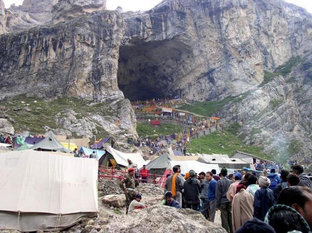 Amarnath Cave surrounded by a large number of devotees during the yatra
