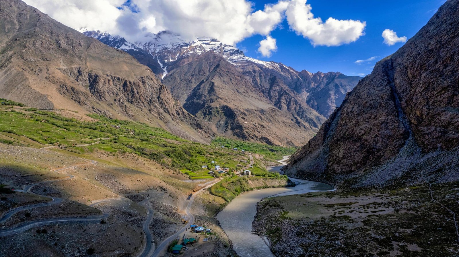 Green valley with river, village and snow-capped peaks under clear skies showing Ladakh weather in May