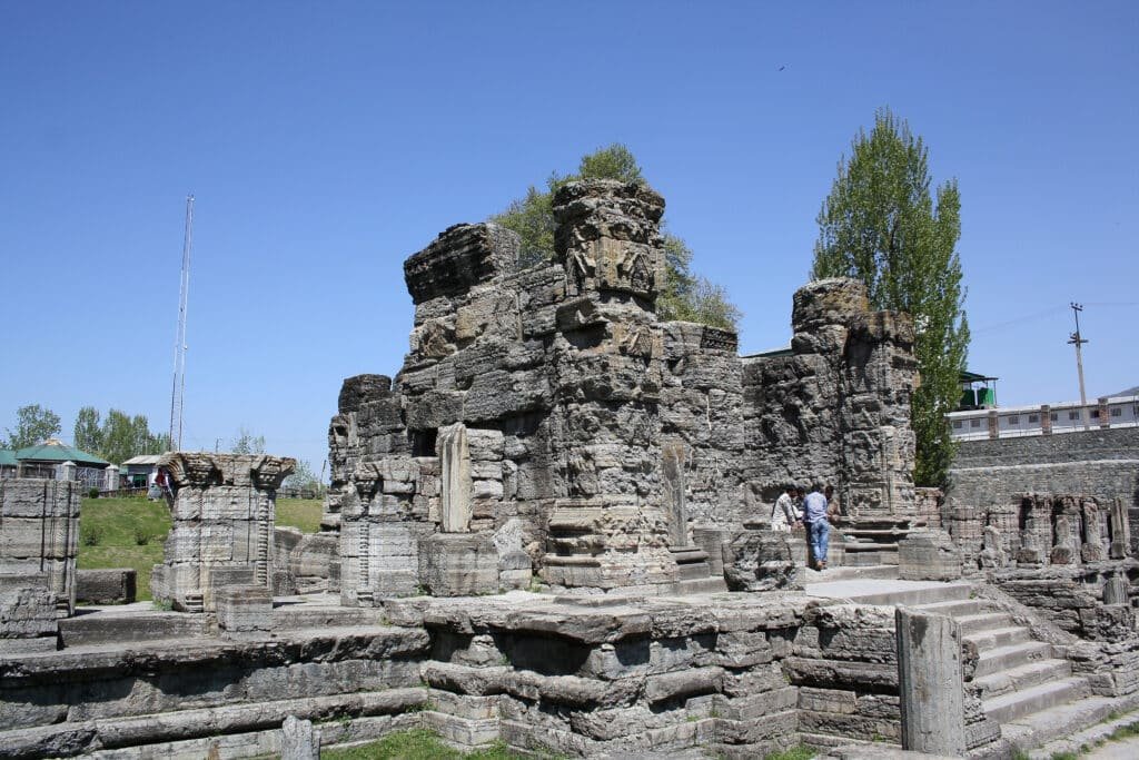 Ruins of the Martand Sun Temple in Anantnag, showcasing ancient stone pillars 