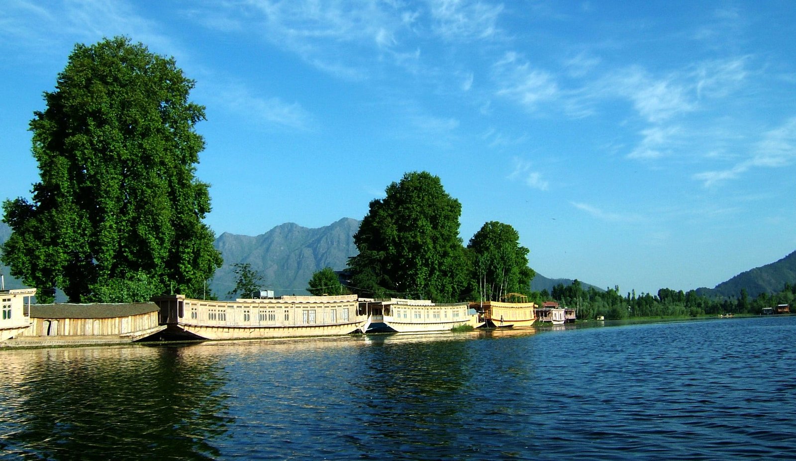 Houseboats on nigeen Lake with trees and mountains in the background