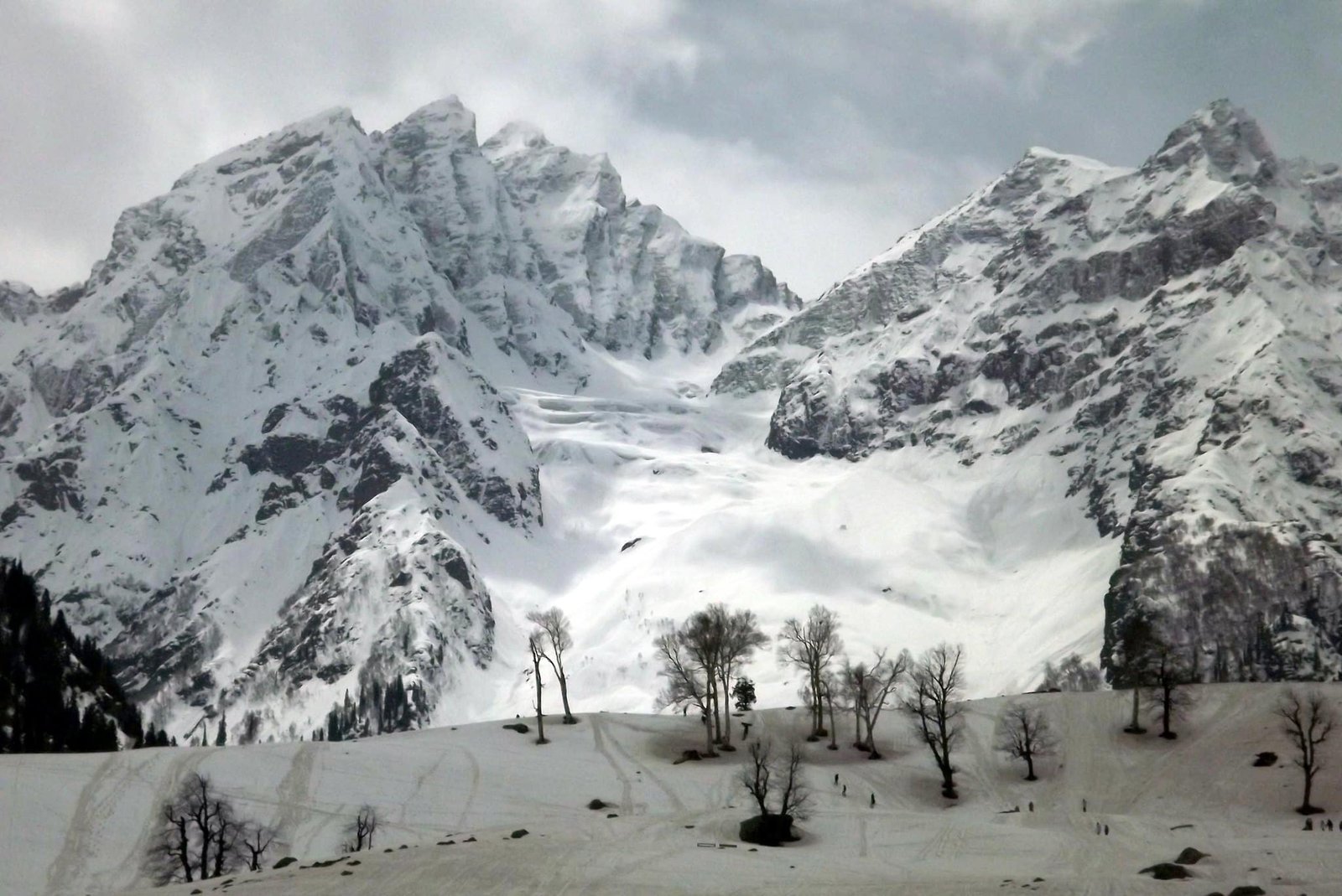 Snow-covered mountains and trees in Sonmarg, kashmir during the month september