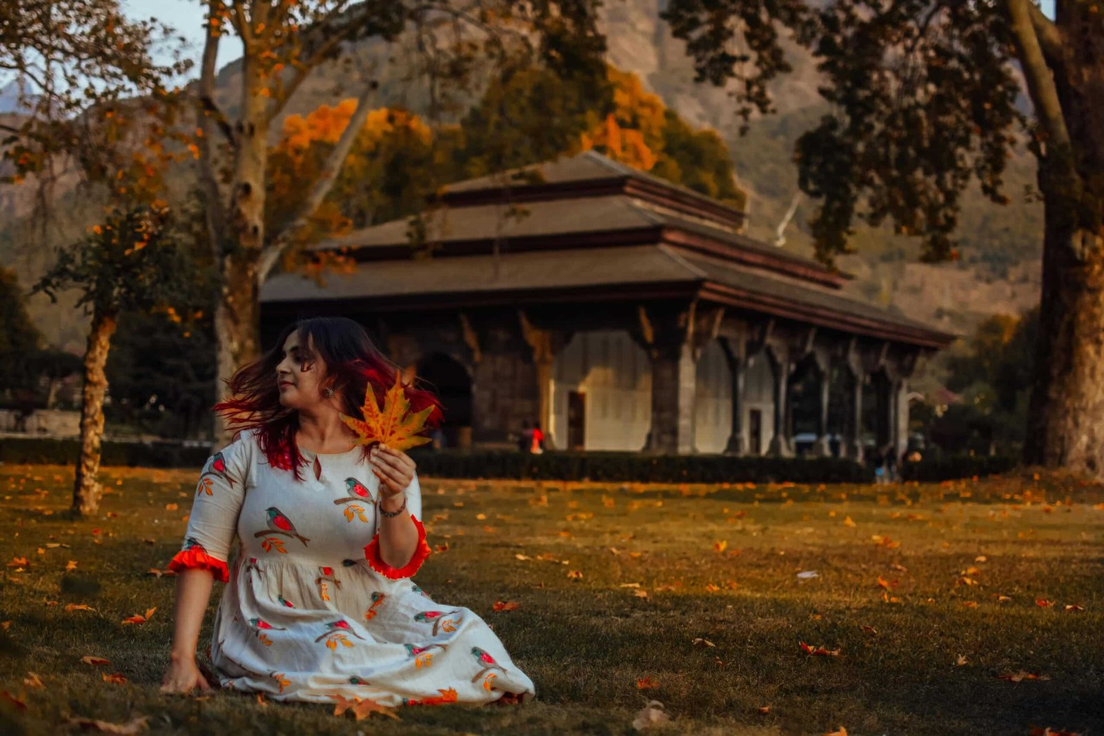 Woman holding a chinar leaf sitting on autumn grass in front of a heritage building in Kashmir