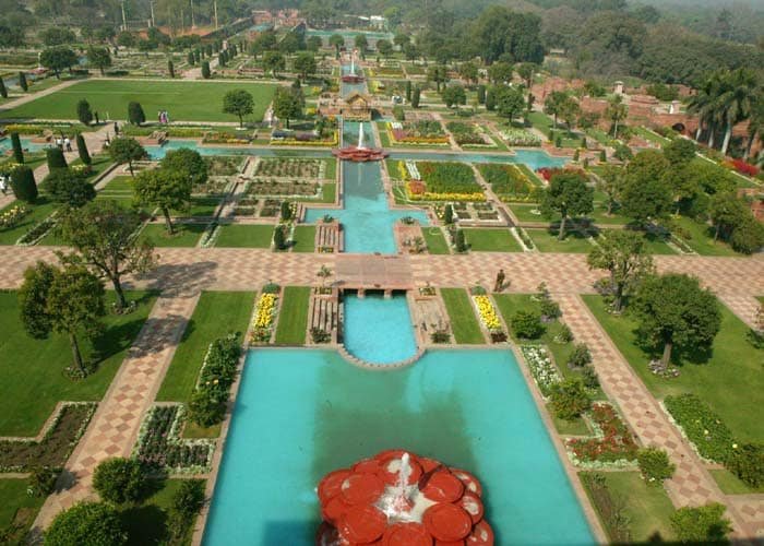 Aerial view of Mughal Gardens with fountains and water channels in october in kashmir