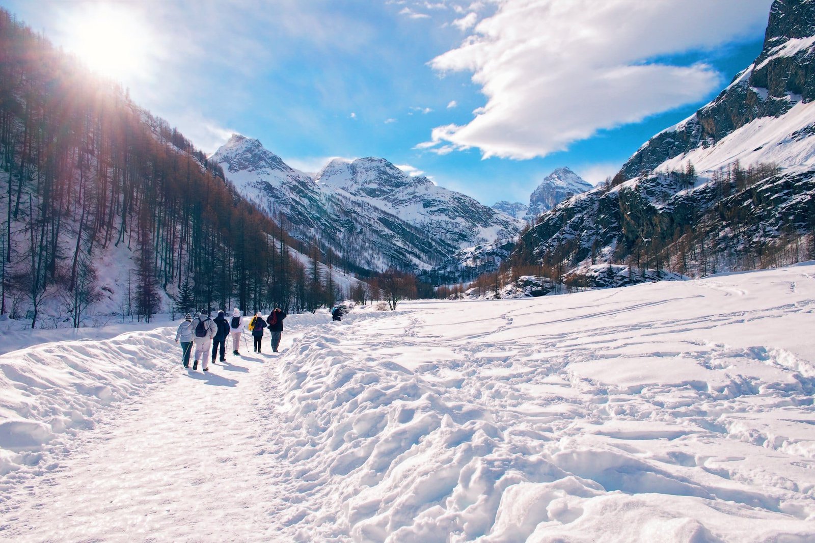 Group of hikers walking through a snowy trail