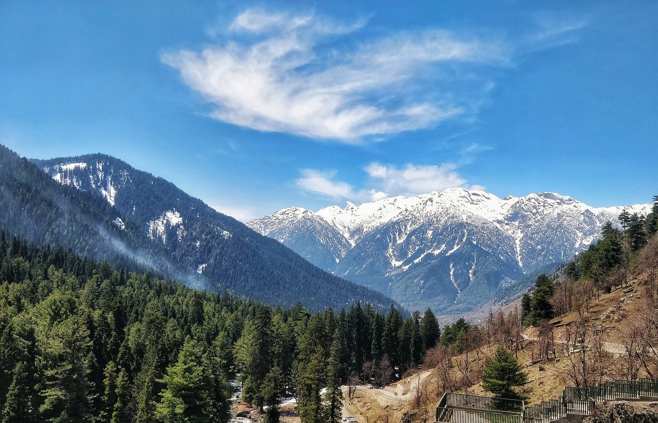 Snow-capped mountains with lush green pine forests under a bright blue sky in Kashmir