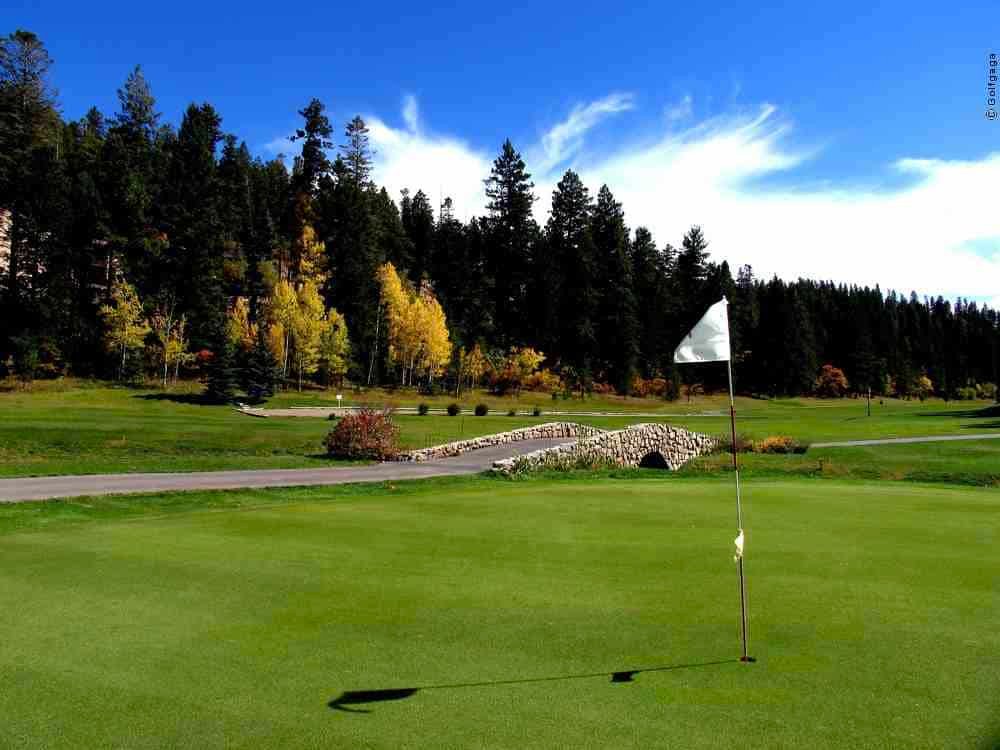 Golf course green with a flag and a stone bridge in a forested area with autumn foliage under a blue sky