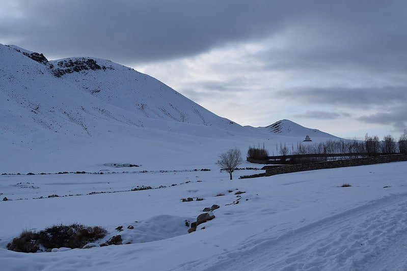 A serene winter landscape in Gulmarg with snow-covered mountains and a lone tree under a cloudy sky.