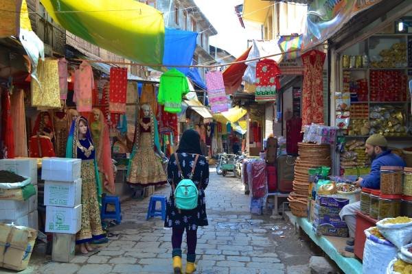 colourful market in Kashmir with bridal dresses