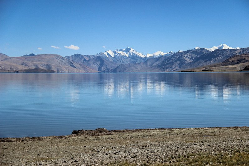 Calm blue waters of Tso-Moriri Lake with snow-capped mountains in the background, ideal for bird-watching