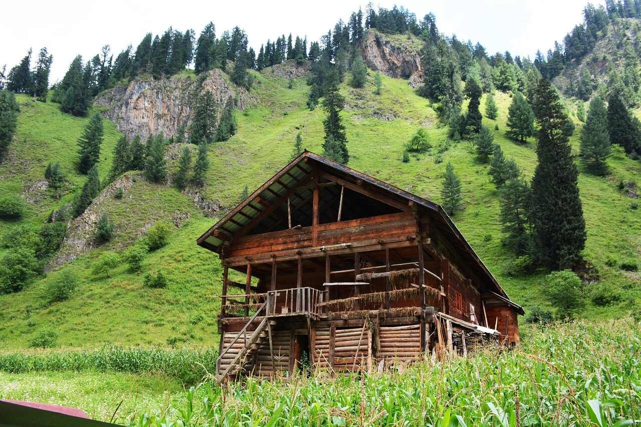 Wooden house in a green mountain valley of kashmir