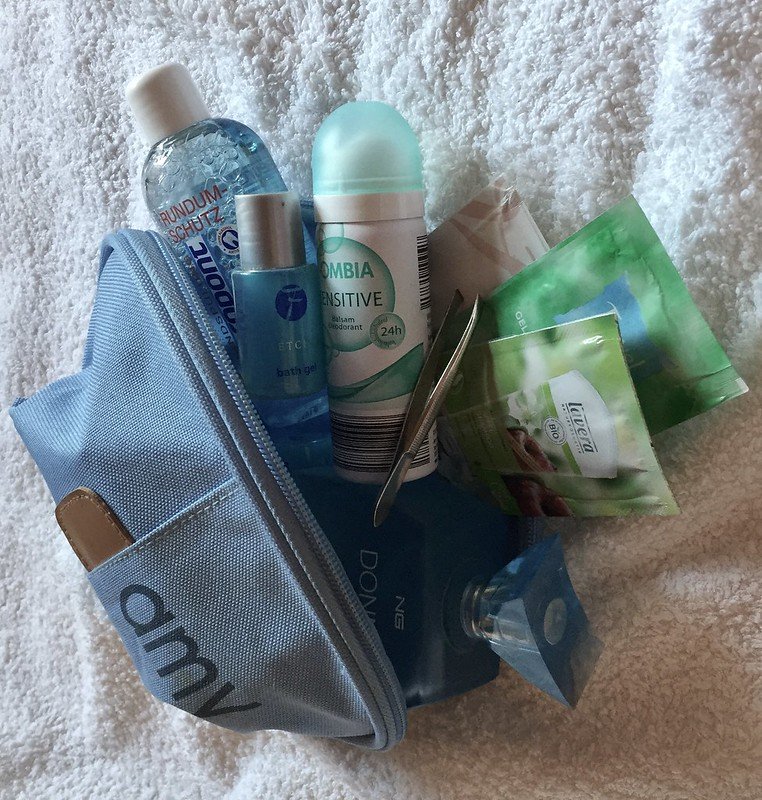 Travel toiletry kit with deodorant, shower gel, wipes, and bath essentials for ladakh