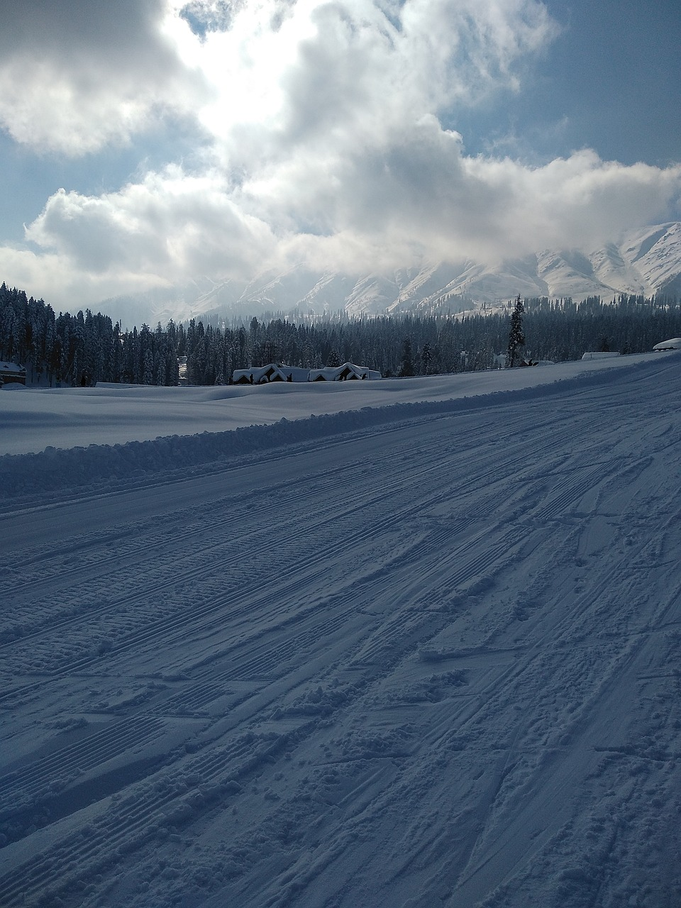 Snow-covered landscape with mountains and pine trees in Gulmarg