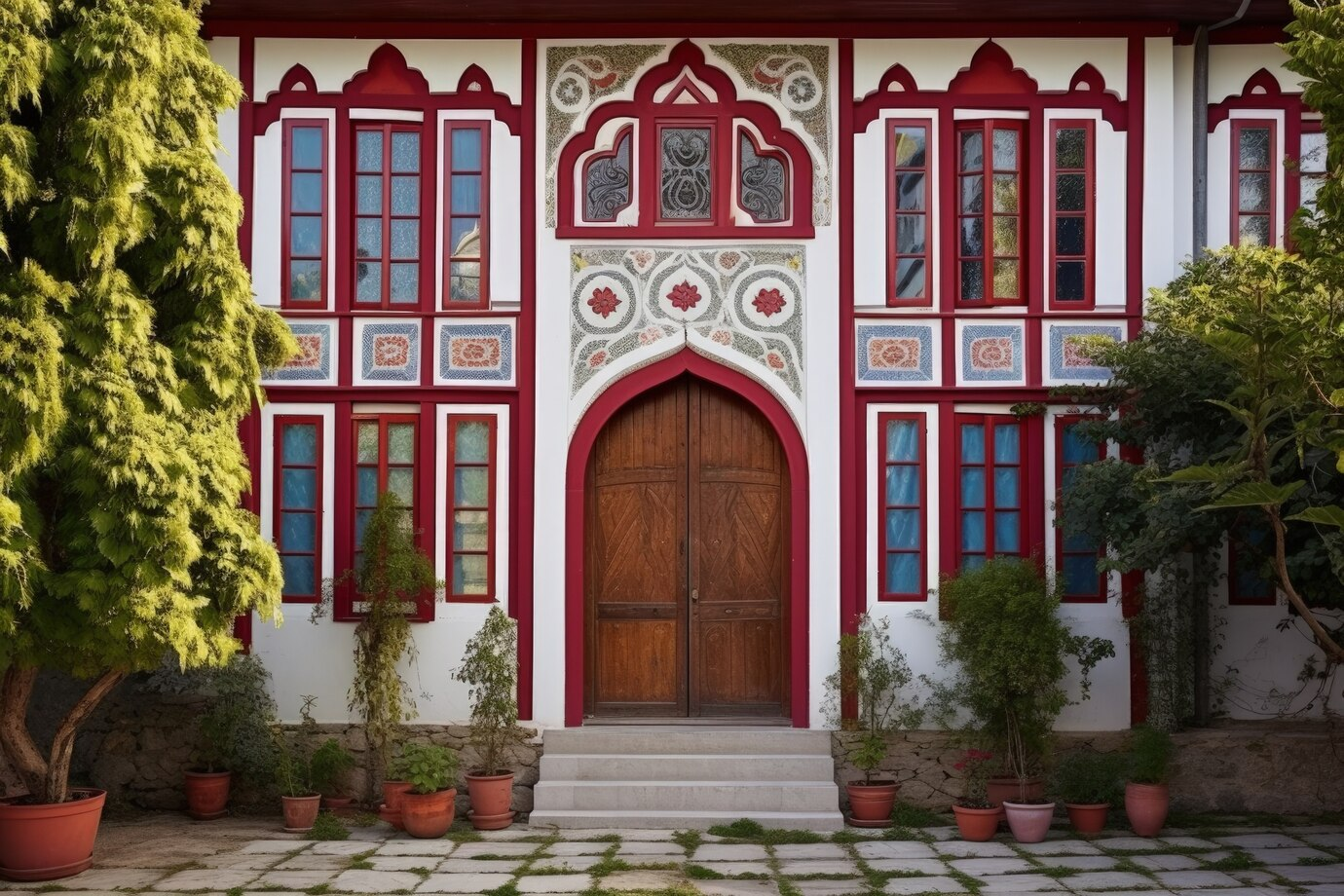 Royal House of Yabgo Khar with red-framed windows and arched wooden door