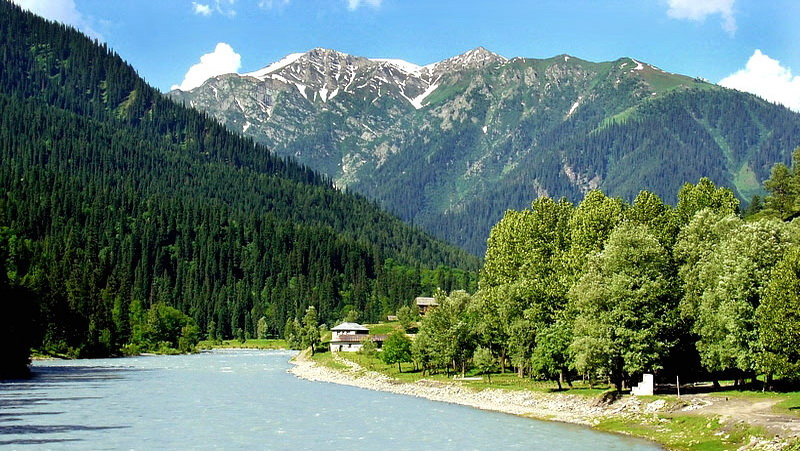 Summer in Srinagar with river, green trees, and mountains.