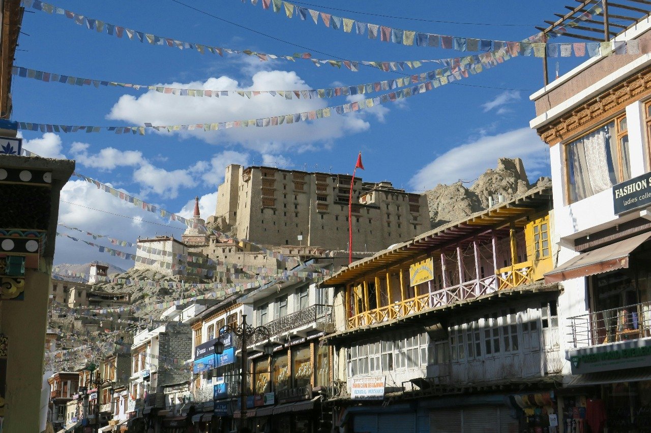 Leh Palace overlooking the colorful market street in Leh, Ladakh