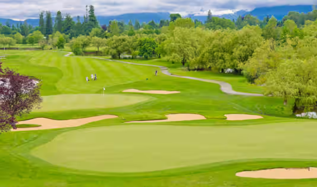 Lush green landscape of Pahalgam Golf Course surrounded by trees and hills
