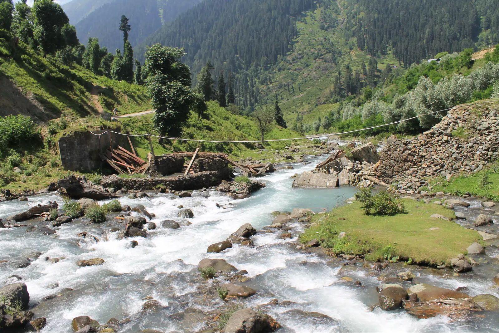 River flowing through lush green valley in Pahalgam Kashmir