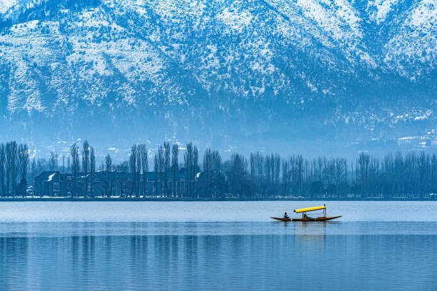Shikara ride in Kashmir on Dal Lake with snowy mountains and bare trees in the background.